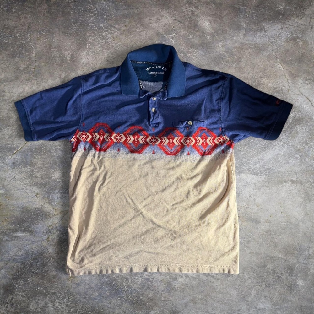 Wrangler Western Shirt Mens Large Blue Geometric Southwestern Polo Cotton Top